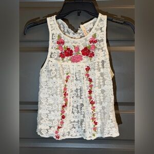 RAGA White Lace Tank Top with Red Floral Embroidery